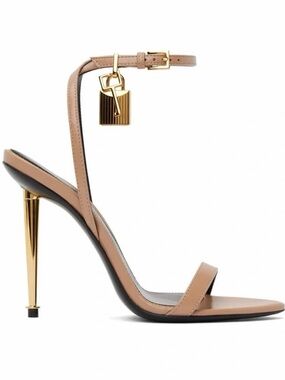 Tom Ford Nude Leather Ankle-Strap Stiletto with Gold Heel Padlock